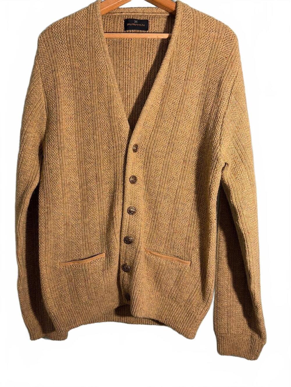 Vintage  60's 70's Puritan Grandpa Tan Cardigan Sweater Edged pockets Medium